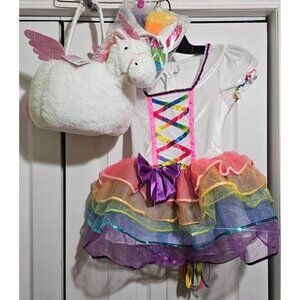Rainbow Unicorn Costume Tail Dress Fairy Pretty Princess Treat Basket Halloween